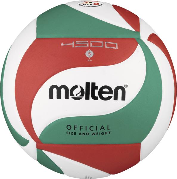 Volleyball Molten 4500 in Rot, Grün und Weiß, offizielle Größe 5 und Gewicht.