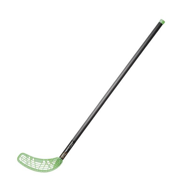 Floorball-Schläger mit grünem Blatt und schwarzem Schaft auf weißem Hintergrund.