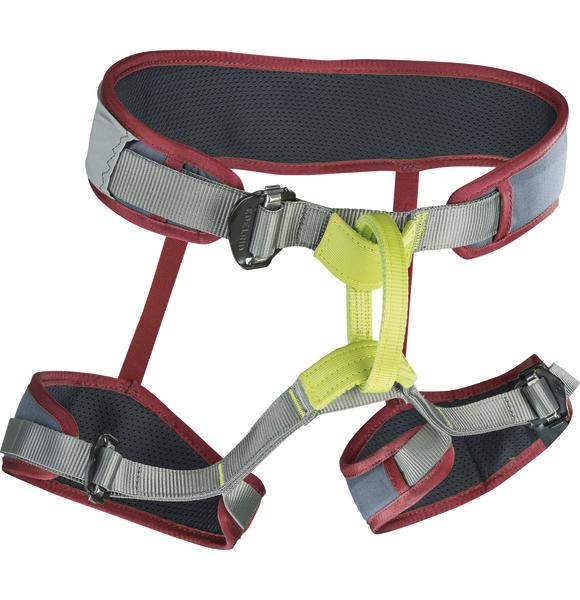 Klettergurt mit gepolsterten Beinschlaufen und verstellbaren Schnallen in Grau, Rot und Gelb.