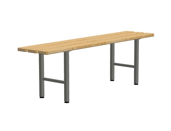 Bank mit Holzsitzfläche und grauen Metallbeinen, freistehend auf weißem Hintergrund.