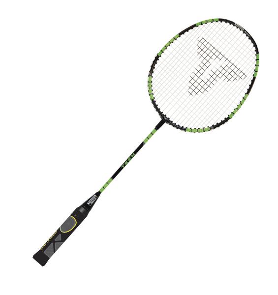 Moderner Badmintonschläger mit grün-schwarzem Design auf weißem Hintergrund.