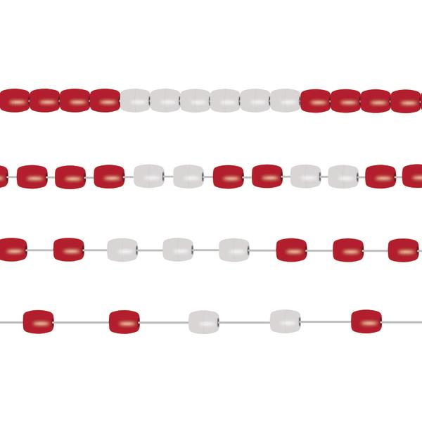 Vier Schwimmleinen in verschiedenen Ausführungen mit roten und weißen Hostalenkugeln.