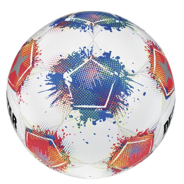 Weißer DERBYSTAR Bundesliga Brillant Replica Fußball mit rot-blauem Grafikdesign auf strukturierter Oberfläche Ansicht von seitlich oben