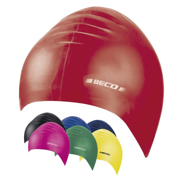Rote und bunte Beco Schwimmkappen aus Silikon in verschiedenen Farben für Schwimmer.