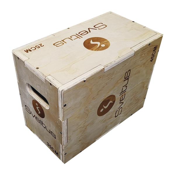 Holz-Plyo-Box von Sveltus mit Griffen, 25, 35 und 45 cm Höhe, für Fitnessübungen.