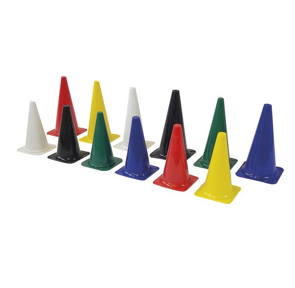 Mehrfarbige kleine Trainingskegel aus Kunststoff, ideal für Sport und Verkehrstraining.