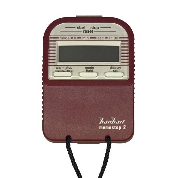 Digitaler Stoppuhr Hanhart Memostop 2 mit rotem Gehäuse und Timer-Anzeige.