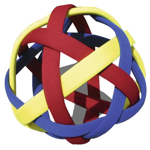 Bunte Gummibänder in Rot, Gelb und Blau, die zu einer elastischen Kugel verflochten sind.