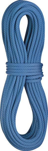 Blaues Kletterseil aus robustem Material, zusammengerollt und gebündelt für Outdoor-Aktivitäten.