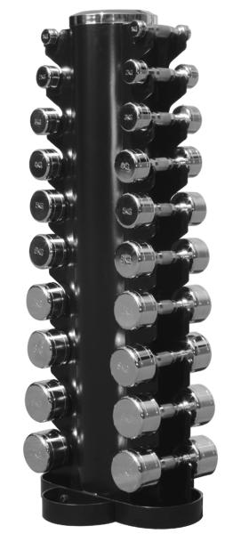 Drehbarer Hantelständer mit verchromten Kurzhanteln in verschiedenen Gewichten.