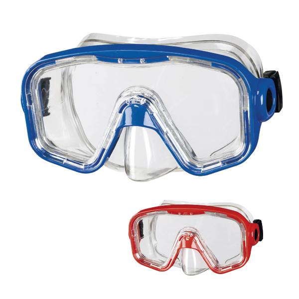 Zwei Taucherbrillen in Blau und Rot mit klarem Sichtfenster und verstellbarem Gurt.
