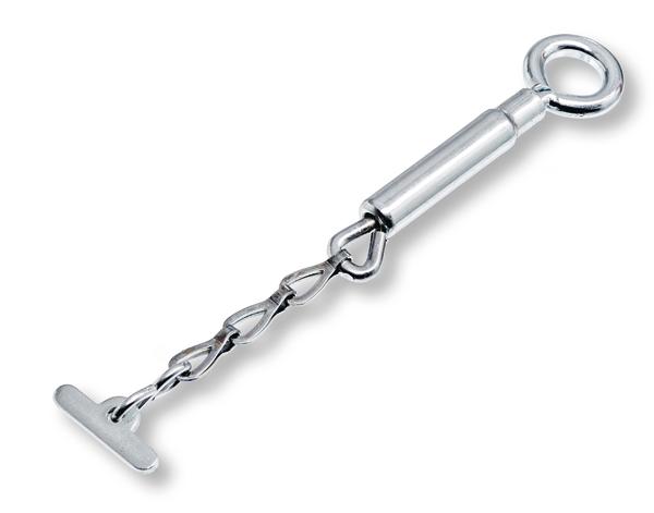 Metallische Spannschraube mit Drehgriff und spiralförmigem Hebel auf weißem Hintergrund.