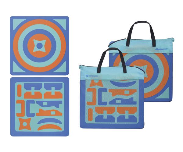 Zusammenfaltbare Aufbewahrungstaschen mit buntem Zielscheiben- und Werkzeugmuster, blau und orange.