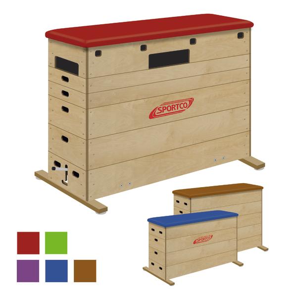 Mehrteiliger Turnkasten aus Holz mit gepolstertem Deckel in verschiedenen Farben für Sport und Gymnastik.