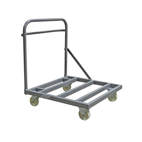 Robuster grauer Transportwagen mit Metallrahmen und vier Rollen für schwere Lasten.