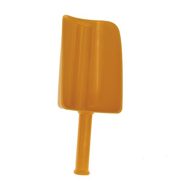 Orangene Kunststoffschaufel mit kurzem Griff, ideal für Sand oder Schnee.