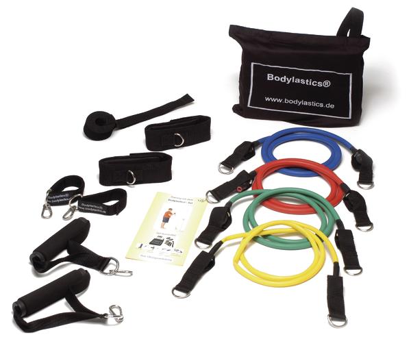 Widerstandsband-Set mit Griffen, Schlaufen, Türanker und Tragetasche für Fitnessübungen.