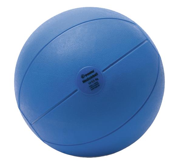 Blauer Medizinball aus Kunststoff für Fitness und Krafttraining, 6 kg Gewicht.