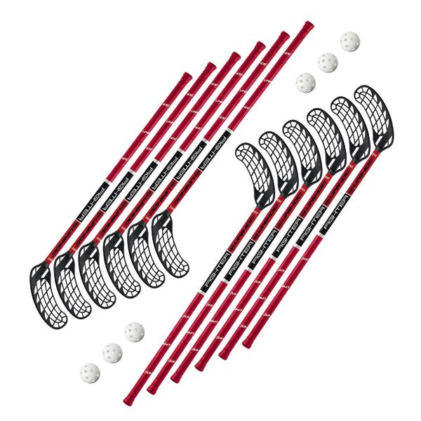 Set aus 12 roten Floorball-Schlägern mit schwarzen Klingen und 6 weißen Floorball-Bällen.
