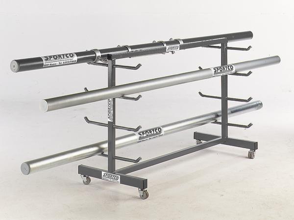 Robuster Sportgerätehalter mit drei Ebenen und Rollen zur Aufbewahrung von Langhanteln.