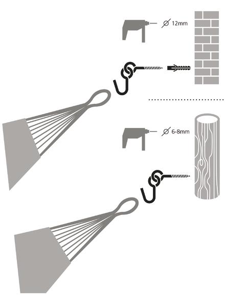 Anleitung zur Befestigung eines Rechenhakens an Wand und Holz mit passenden Bohrlochgrößen.