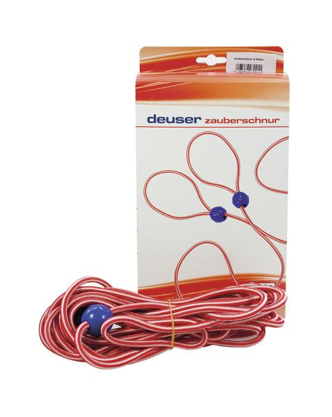 Deuser Zauberschnur, rote Jonglierleine mit blauen Kugeln, verpackt vor weißem Hintergrund.