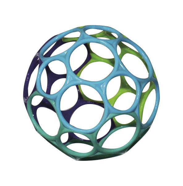 Buntes, offenes Kugelspielzeug aus Kunststoff mit großen runden Öffnungen.