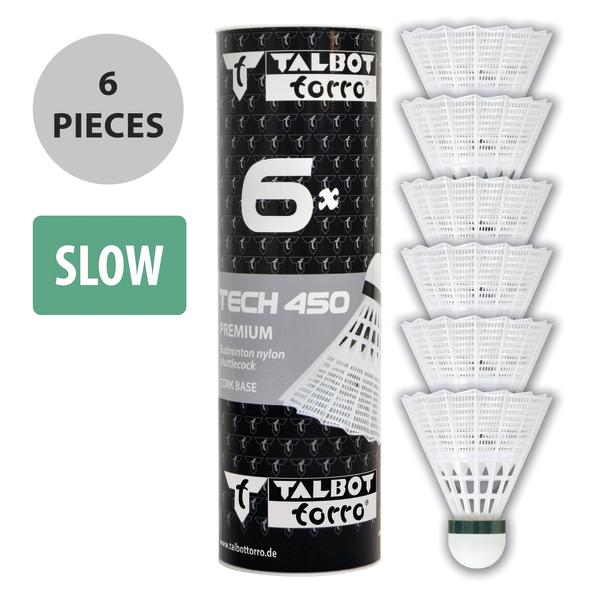 Sechs weiße Badminton-Nylon-Federn mit grünem Ring und schwarzer Verpackung, Premium-Qualität.