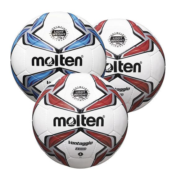 Drei weiße Molten Vantaggio Handbälle mit roten und blauen Akzenten, leichtgewichtig.