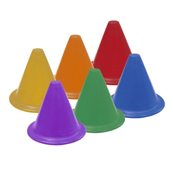 Bunte Trainingskegel in sechs Farben für Sport und Koordinationstraining.