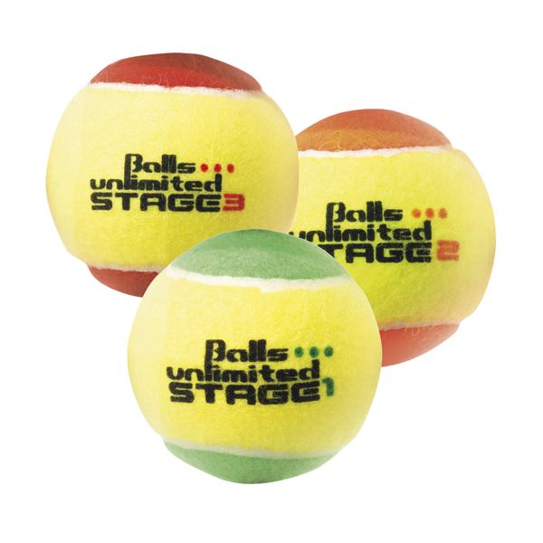 Drei bunte Tennisbälle mit Aufdruck "Balls unlimited STAGE" in verschiedenen Farben.