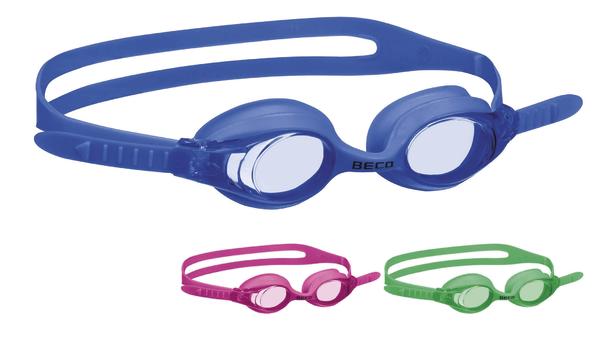 Blaue, pinke und grüne Schwimmbrillen mit verstellbarem Silikonband, ideal für Kinder.
