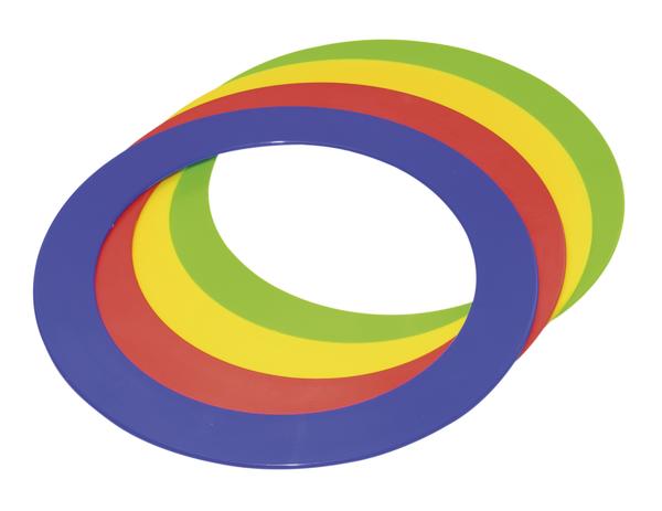 Bunte Kunststoffringe in Blau, Rot, Gelb und Grün, ideal für Spiele und Sport.