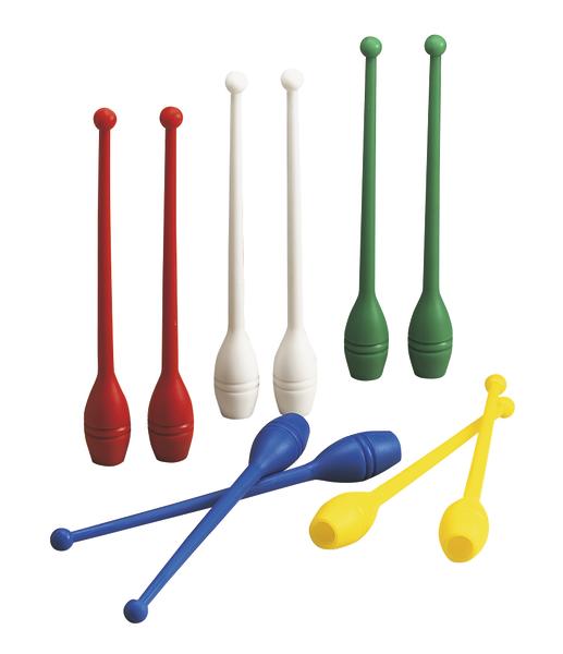 Mehrfarbige Keulen für Rhythmus- und Jonglierübungen, jeweils paarweise angeordnet.