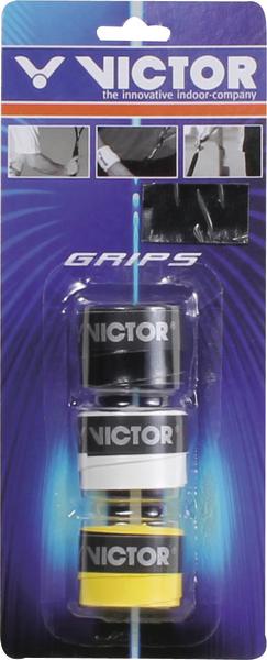 Victor Badminton Griffbänder in Schwarz, Weiß und Gelb im Verpackungspack.