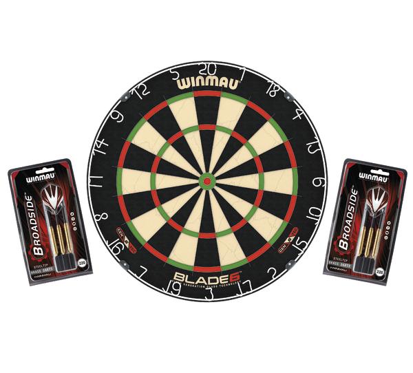 Winmau Blade 6 Dartscheibe mit zwei Sets Broadside Stahlspitzen-Darts.