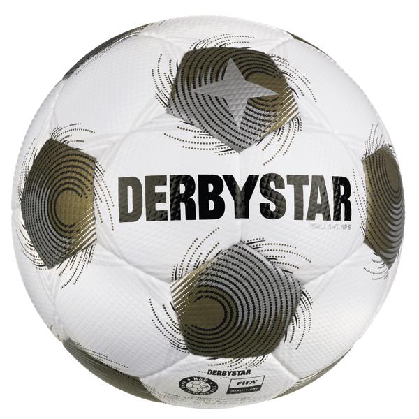 Rückseite weißer DERBYSTAR Brillant APS Fußball mit gold-schwarzem Spiraldesign, glänzenden Designelementen in Silber und strukturierter Oberfläche mit Derbystar Logo