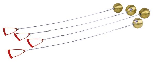 Vier goldene Kugelketten mit roten Griffen, auf weißem Hintergrund.