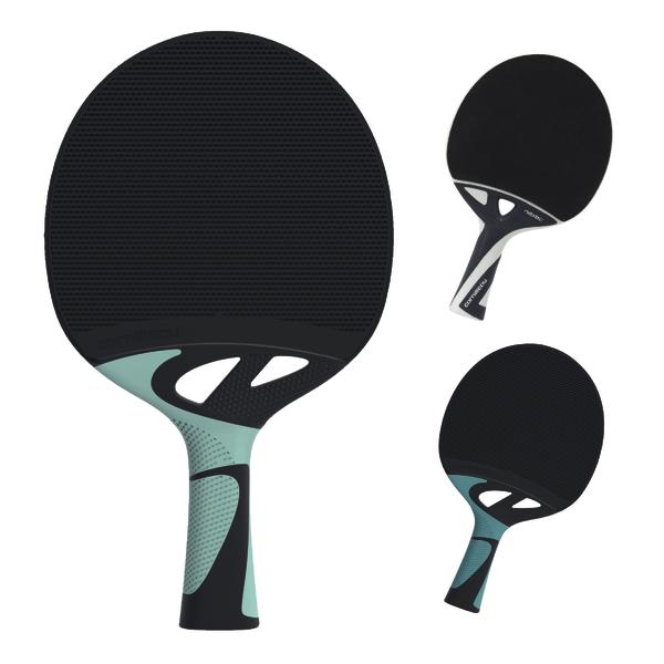 Tischtennisschläger mit schwarzer Oberfläche und türkisfarbenem Griff.