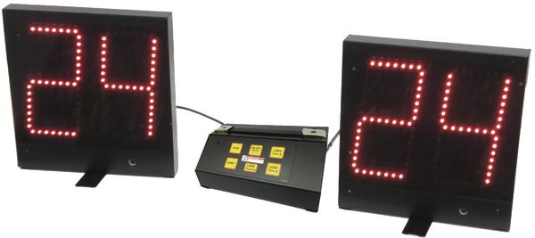 Elektronische Spieluhr mit zwei LED-Anzeigen und Steuergerät, zeigt Zahl 24 in Rot.