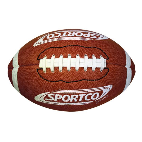 Brauner SPORTCO Junior Gummi-Football mit weißer Schnürung, genoppter Oberfläche und klassischem American-Football-Design