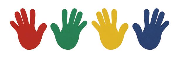 Vier bunte Handabdrücke in Rot, Grün, Gelb und Blau auf weißem Hintergrund.