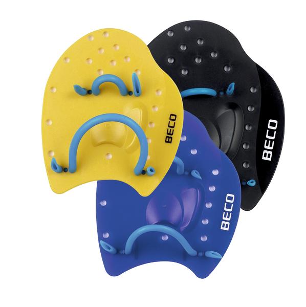 Drei BECO Handpaddles in Gelb, Blau und Schwarz für Schwimmtraining.