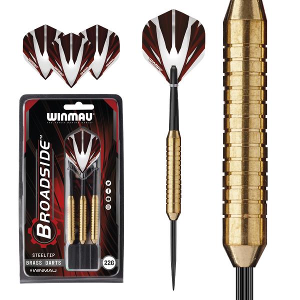 Winmau Broadside Steeldart-Set mit Messing-Body und roten Flights, 22 Gramm.