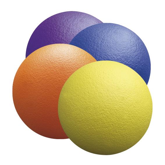 Vier bunte, strukturierte Bälle in Gelb, Orange, Blau und Lila auf weißem Hintergrund.