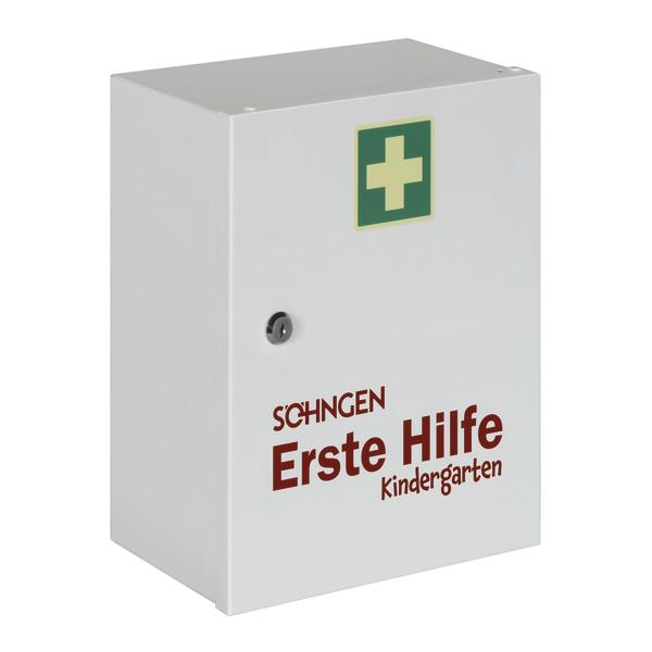Erste-Hilfe-Kasten für Kindergarten mit grünem Kreuz und roter Aufschrift "Erste Hilfe".