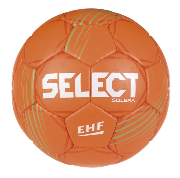 Orange Handball mit weißem "SELECT Solera" und "EHF" Logo, Sportgerät für Handballspiele.