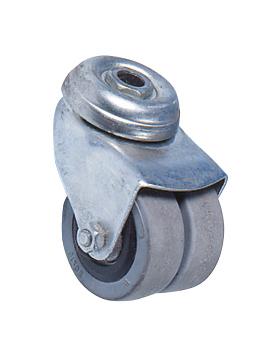 Doppel-Lenkrolle aus Metall mit Gummirad, grau und robust.