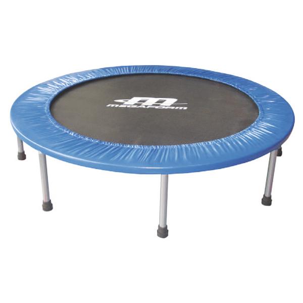 Kleines Fitness-Trampolin mit blauem Rand und vier Metallbeinen, Megaform Logo.