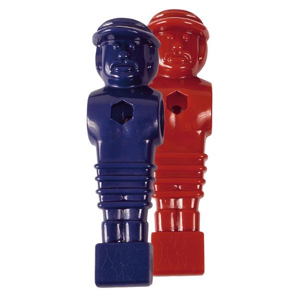 Zwei Kunststoff-Figuren für Tischfußball, eine blau und eine rot, vor weißem Hintergrund.